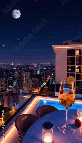 Roof terrace with cocktail glass overlooking city skyline at night  