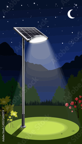Solar-powered street light illuminating garden at night  