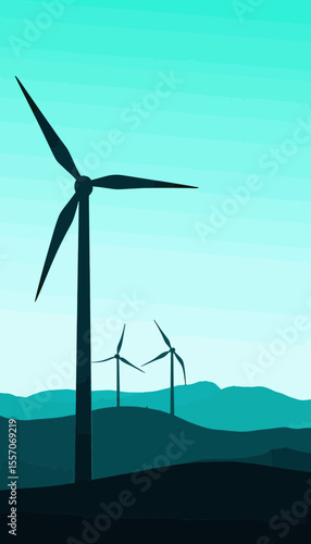 Wind turbines on rolling hills against a turquoise sky  