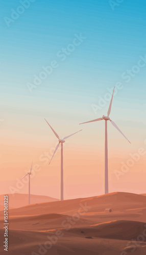 Wind turbines on sandy landscape under blue and pink sky  