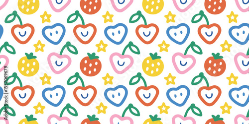 Happy Fruit Pattern: A cheerful and playful seamless pattern featuring smiling cherries and strawberries in a vibrant color palette, perfect for textile design, branding, or children's products.