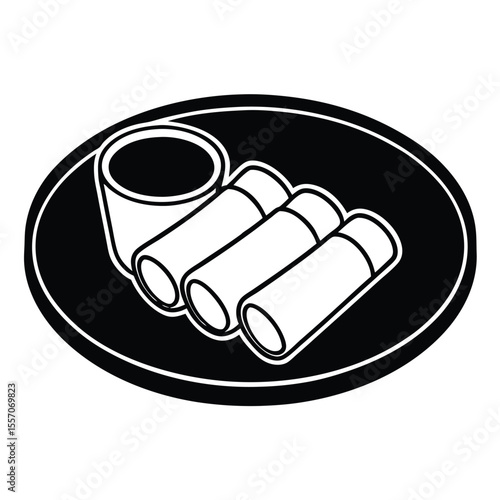 Stylized illustration of spring rolls and dipping sauce served on a circular plate