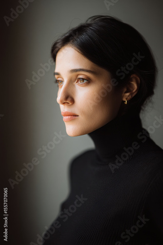 minimalist portrait of underwriter with neutral expression positioned on left side of clean light background
