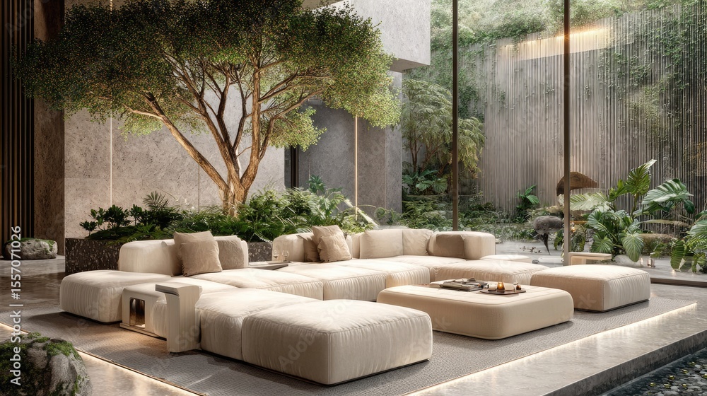 Fototapeta premium Large modular sofa set with speakers placed in a sunlit modern home