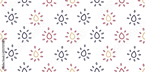 Drops and Sunlight: A seamless pattern of abstract drops with emanating rays, radiating a vibrant sense of energy and renewal on a bright background.