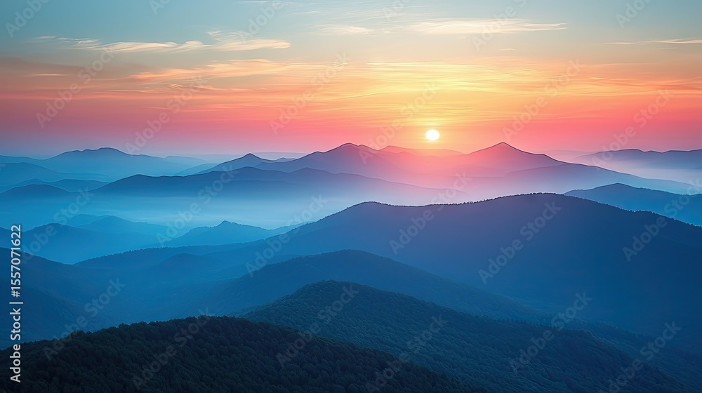 Obraz premium Colorful sunrise over a mountain range shrouded in mist.