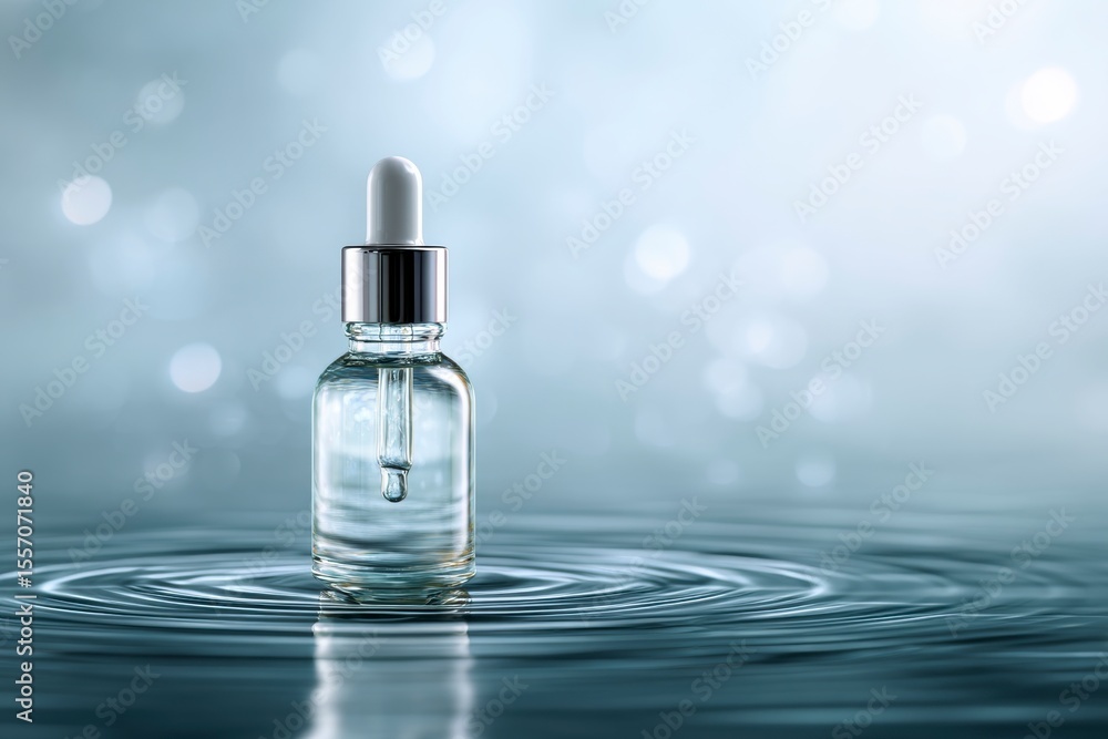 Naklejka premium Serum Dropper Bottle on Water Surface with Reflections