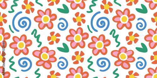 Floral Fantasia: A delightful seamless pattern, adorned with cheerful, hand-drawn flowers, playful swirls, and vibrant leaves, evoking a sense of whimsical spring and summertime charm.
