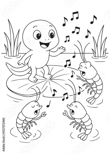 Coloring book shrimp dancing joyfully with friends to music