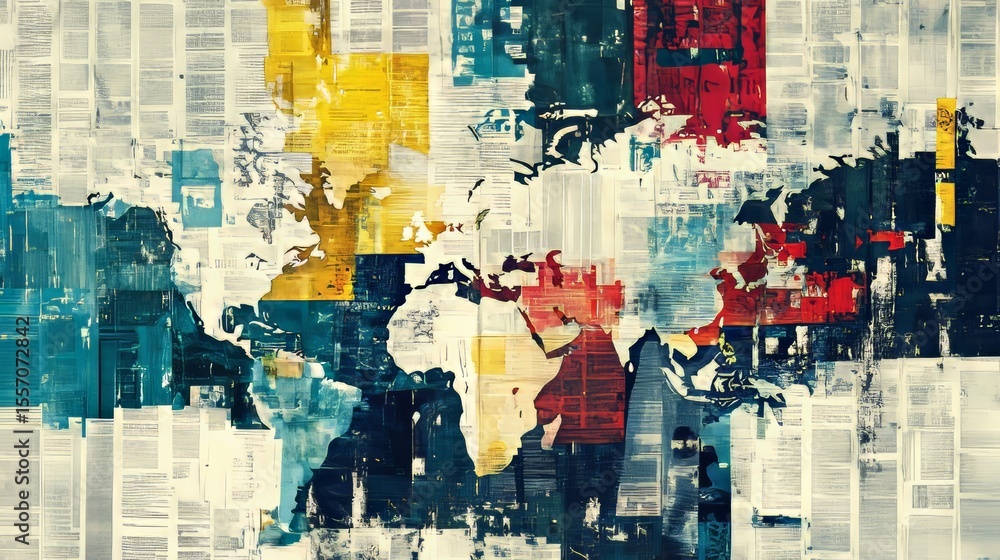 Fototapeta premium Abstract world map with newspaper texture and color splashes illustration
