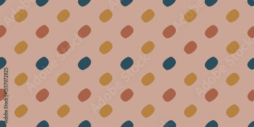 Abstract Geometric Pattern: A repeating pattern of stylized ovals in muted terracotta, mustard yellow, and deep teal on a blush pink background, ideal for textile design and branding. 