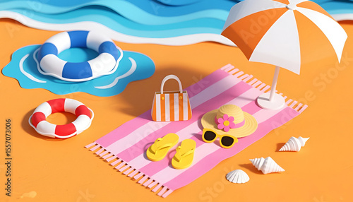 Colorful 3D Beach Vacation Scene with Umbrella, Towel, and Summer Accessories
