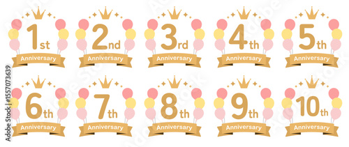風船のかわいいアニバーサリーロゴのセット(ベクター 周年記念 お祝い ロゴ イラスト 1周年 2周年 3周年 4周年 5周年 6周年 7周年 8周年 9周年 10周年)