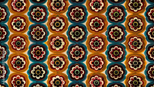 Retro Floral Pattern with Warm Earthy Tones and Deep Teal Accents
