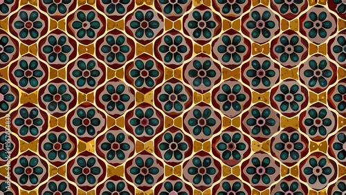 Intricate Geometric Floral Pattern Design with Repeating Hexagonal Motifs and Stylized Flowers