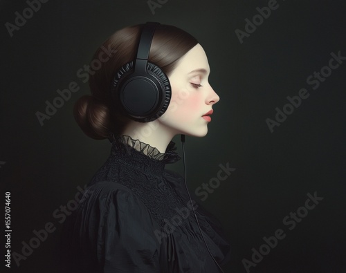 young woman in vintage dress listening to music with headphones