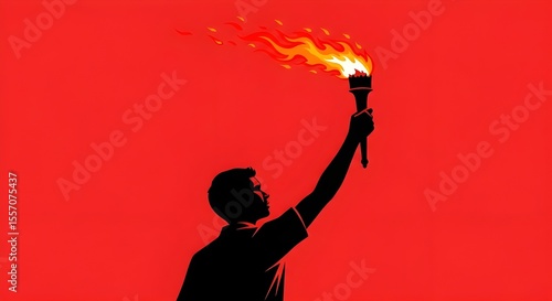 Black Silhouette Holding Flaming Torch on White Background – Protest Poster Concept

