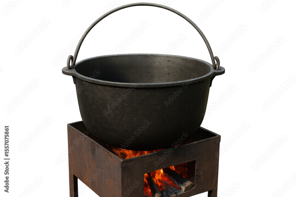 Black cast iron cauldron hanging over burning wood fire on a transparent background, perfect for cooking traditional dishes Black cast iron cauldron hanging over burning wood fire on a transparent background, perfect for cooking traditional dishes