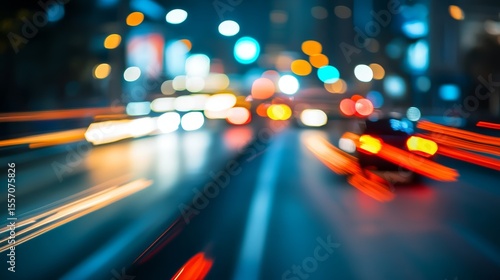 Fototapeta Naklejka Na Ścianę i Meble -  Dynamic light streaks illuminate a city street at night with bokeh lights