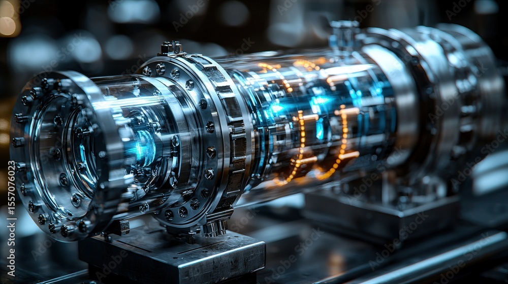 Fototapeta premium Closeup of a complex chromefinished mechanical device with blue and orange lights within a transparent cylinder