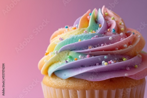extreme close-up cupcake in rainbow colors on colored background