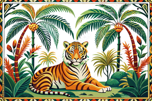A vintage chinoiserie mural featuring a tiger resting under a tropical palm tree, surrounded by banana leaves and exotic flowers, seamless botanical border, white background.