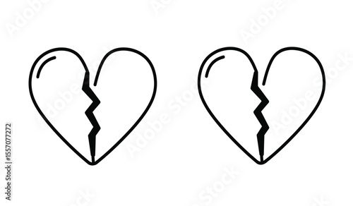 two black filled heart icons, broken heart, love symbol, cracked heart icon, heartbreak, simple flat vector icon