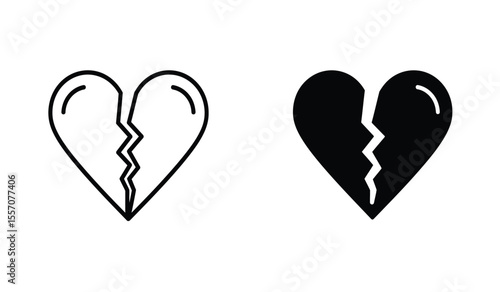 two black filled heart icons, broken heart, love symbol, cracked heart icon, heartbreak, simple flat vector icon