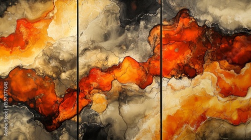 Abstract art triptych featuring flowing textures of orange, gold, and gray