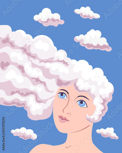 A beautiful girl with cloud hair against a blue summer sky. Vector conceptual illustration. 