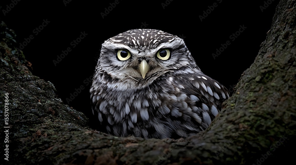 Obraz premium 木の陰から覗くフクロウ