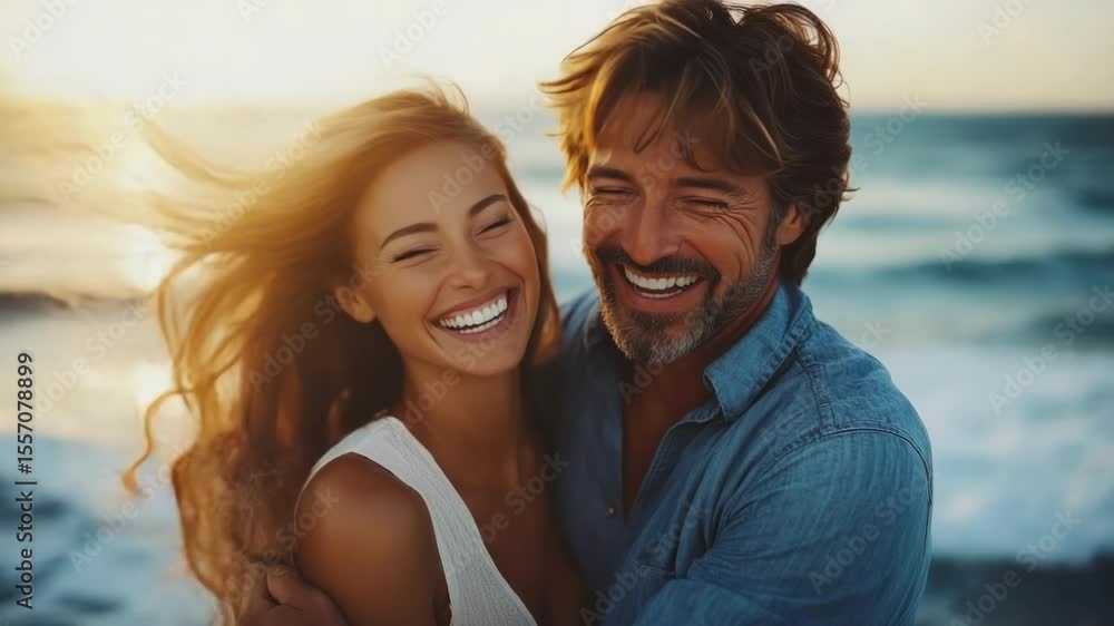 Joyful caucasian man and woman laughing together by the ocean at sunset Joyful caucasian man and woman laughing together by the ocean at sunset