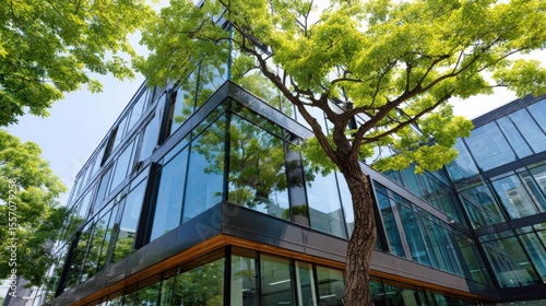 Modern Glass Building with Green Tree in Urban Setting under Clear Blue Sky