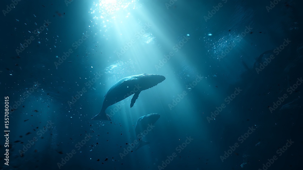 Obraz premium 深海を優雅に泳ぐクジラたちと神秘的な光のカーテン