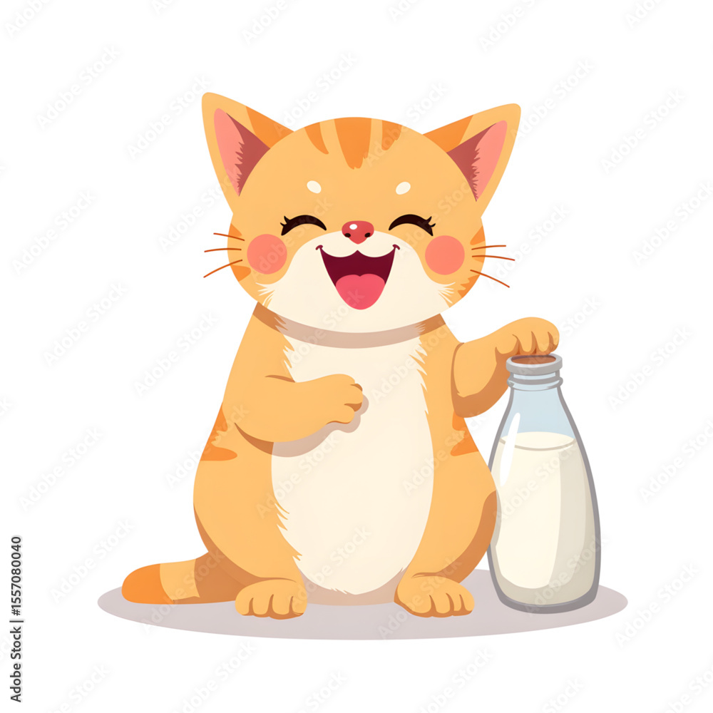 Happy orange cat holding milk bottle with joyful expression Happy orange cat holding milk bottle with joyful expression