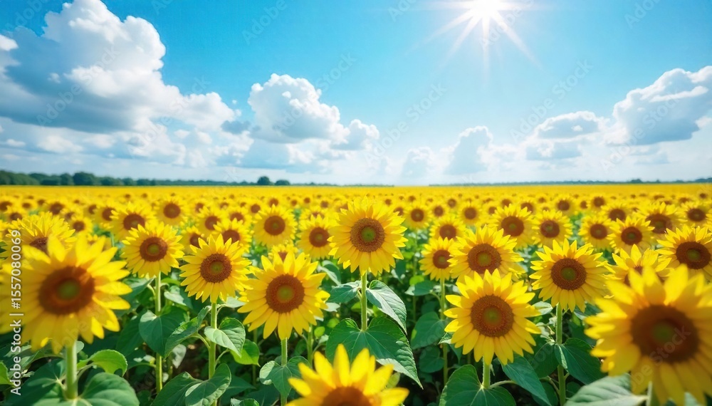 Fototapeta premium Breathtaking Summer Sunflowers A Vast Field of Vibrant Yellow Blossoms Stretching to the Horizon Under a Bright Sky. Perfect for summer, nature, and agriculture themes.