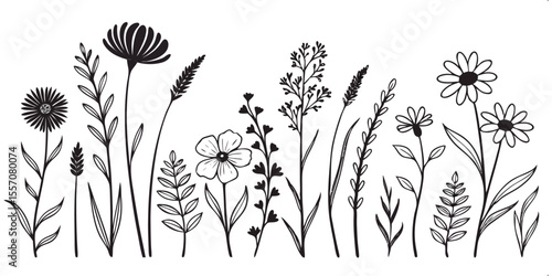 Blooming Meadow's Elegance: A hand-drawn illustration captures a serene meadow scene, showcasing a variety of delicate floral species and lush greenery in exquisite detail.