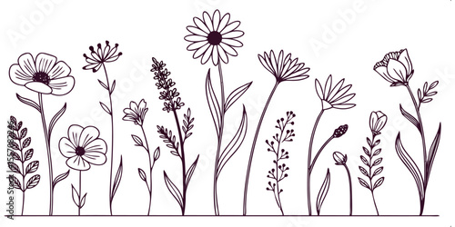 Floral Elegance: A delicate floral design, featuring an array of wildflowers, gracefully drawn to evoke a sense of spring's vitality. The intricate lines create an aesthetic appeal.