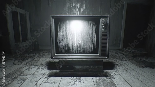 Static Echoes: Vintage TV in Abandoned Room, Haunting Nostalgia, Grayscale Horror