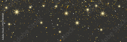 Gold glittering dust with stars on transparent backdrop