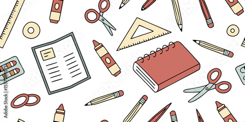 Back to School Essentials: A cheerful array of school supplies scattered in a seamless pattern, perfect for educational themes, inspiring a sense of organization and readiness for academic pursuits.