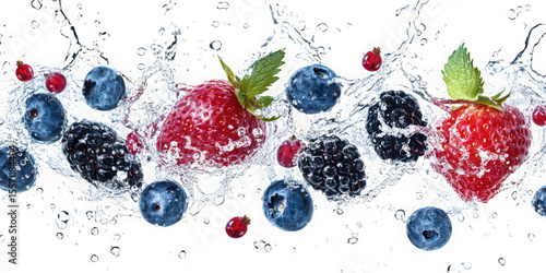 Fresh berries including strawberry and blueberry with water splash on transparent background
