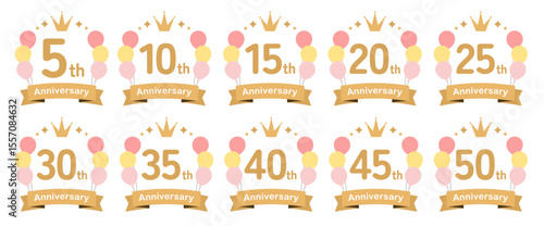風船のかわいいアニバーサリーロゴのセット（ベクター 周年記念 お祝い ロゴ イラスト 5周年 10周年 15周年 20周年 25周年 30周年 35周年 40周年 45周年 50周年）
