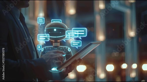 A businessman uses a tablet to communicate with a futuristic ai chatbot.