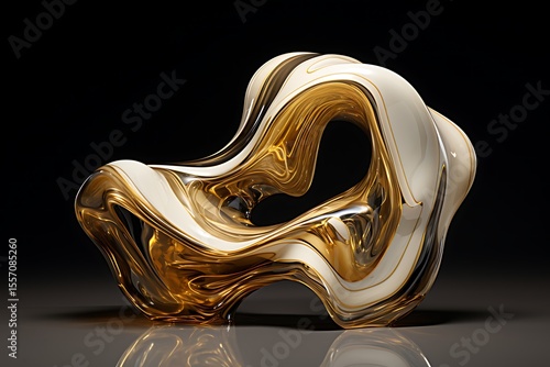 Abstract sculpture with flowing white and gold liquid metal forms