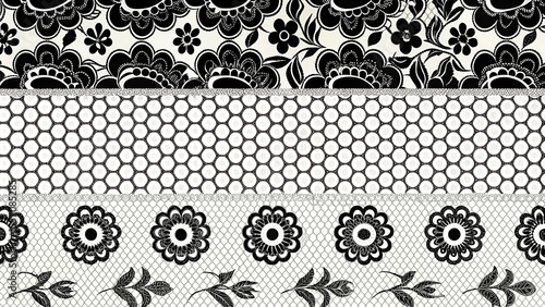 Black and White Floral Lace Pattern on Honeycomb Background
