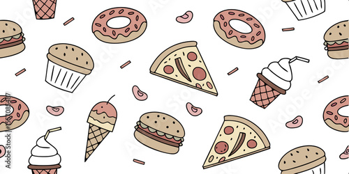 Delicious Delights: A vibrant, top-down shot showcasing a colorful arrangement of popular and enticing food items like pizza slices, ice cream cones, cupcakes, doughnuts and burgers.