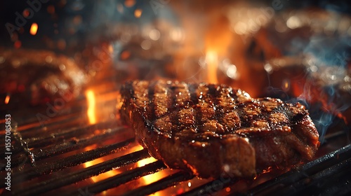 炭火に包まれて焼き上がるジューシーなステーキ