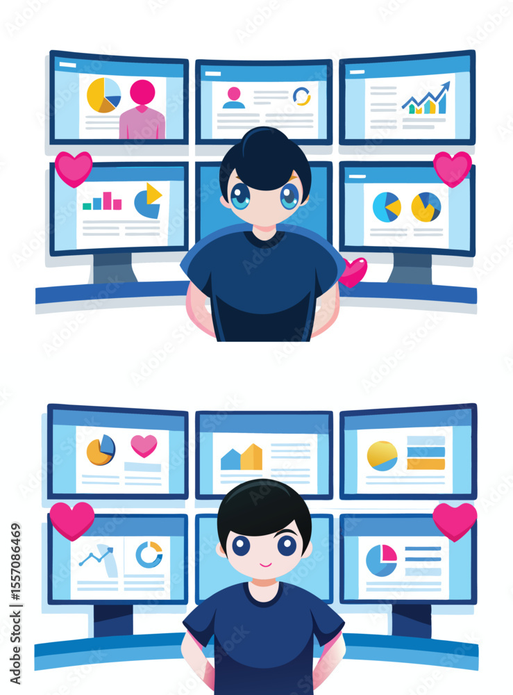 Fototapeta premium Cartoon Boy Happy Data Analyst Multiple Screens Charts Graphs Blue Pink Hearts person