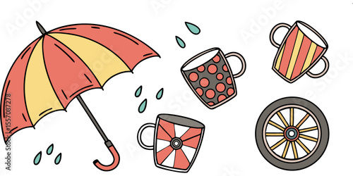 Whimsical Weather Elements: A cheerful illustration depicts a vibrant umbrella shielding against raindrops, with teacups and a wheel element as part of the scene, evoking a sense of playful.